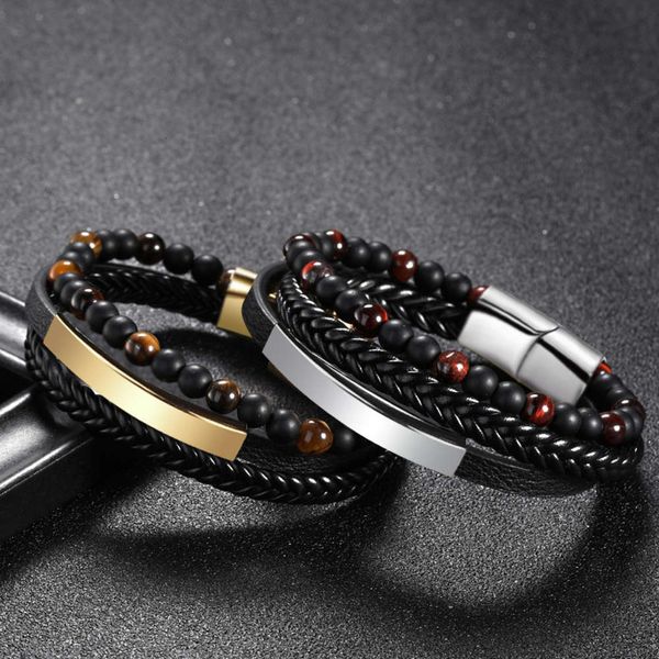 

bracelet selling 6mm tiger eye stone bead bracelet leather rope braided multilayer men's leather black, Golden;silver