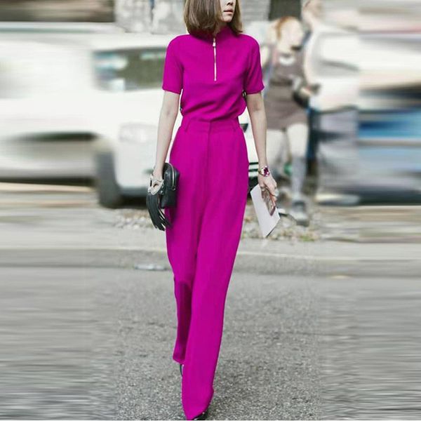 

designer summer women's sets zipper short sleeve and casual trousers elegant office fashion two-piece suit two piece pants, White