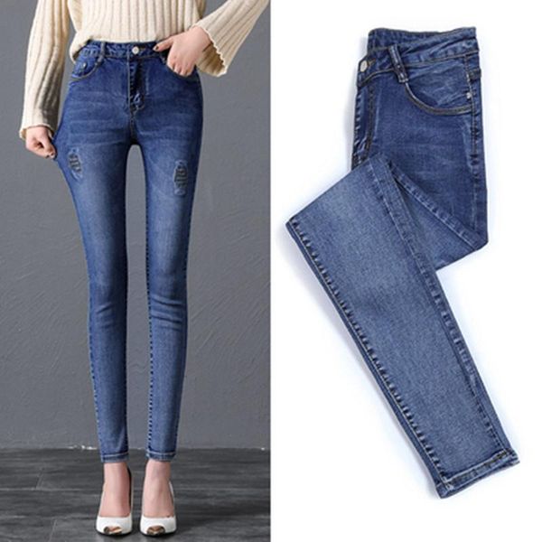 

autumn classic blue high waist jeans fashion female casual slim was thin elasticity pants embroidery denim women women's