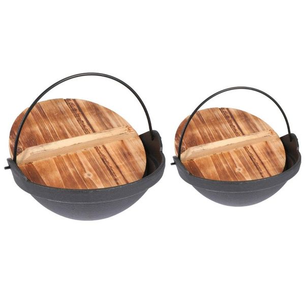 

pans 2pcs cast iron pot with wooden lid cooking hanging for home (assorted color)