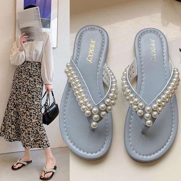 

slippers women's flip flops, flat sandals decorated with pearls, casual vacation beach shoes, Black