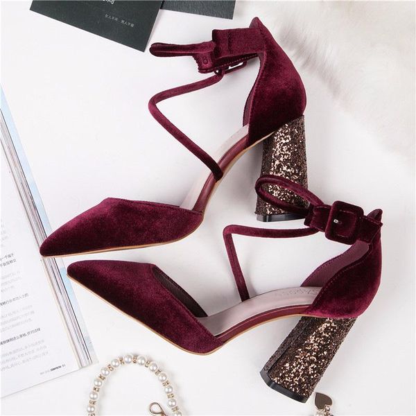 

sandals pointed toe high heels shoes summer flock surface bling block pumps women fashion closed wine red 60fm, Black
