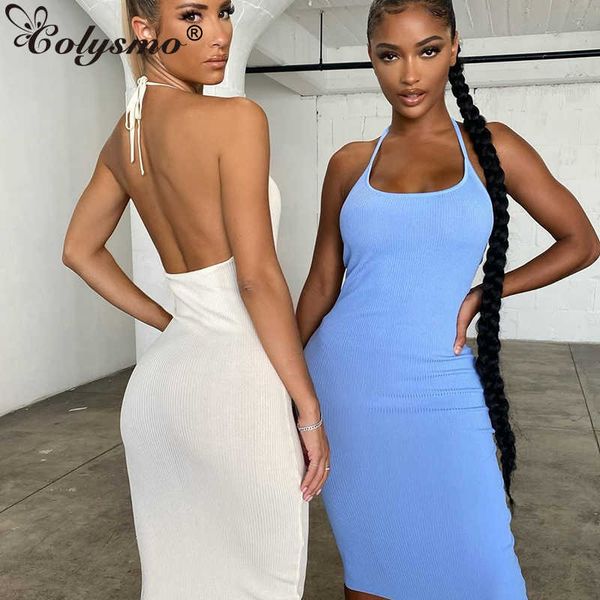 Colysmo Abito sexy Maglia a costine Backless Slim Fit Vita alta Halter Midi Abiti Lady Party Wear Abbigliamento donna vintage 210527