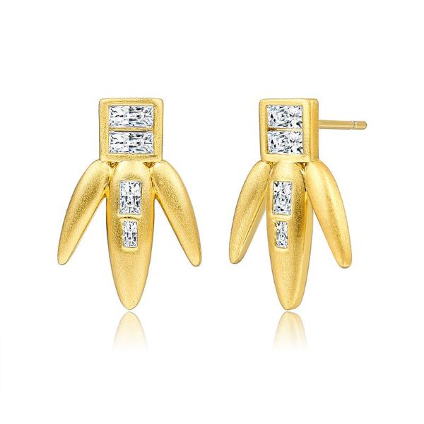 

stud ventfille three prong gold ladies earrings geometric frosted copper cubic zirconia gift fashion jewelry, Golden;silver