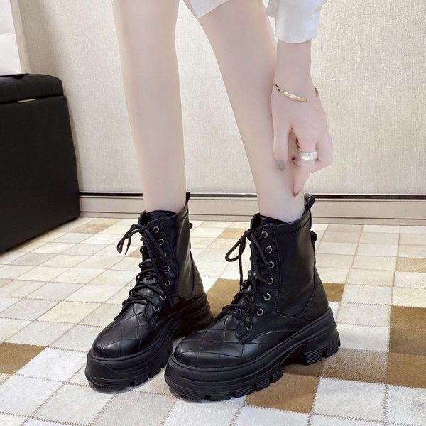 

boots women motorcycle shoes platforms ankle wedges female lace up leather oxford woman high heels, Black