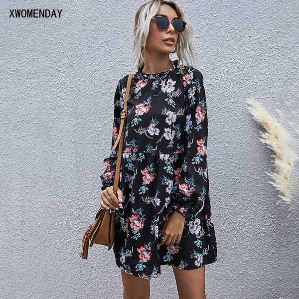 

autumn spring dress casual ladies floral flower print black long sleeve loose fit dresses fall clothes for women fashion 210706, Black;gray