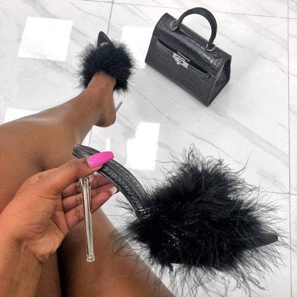 

women's sandals feather open toe high heels women transparent perspex slippers shoes heel clear size 35-41, Black