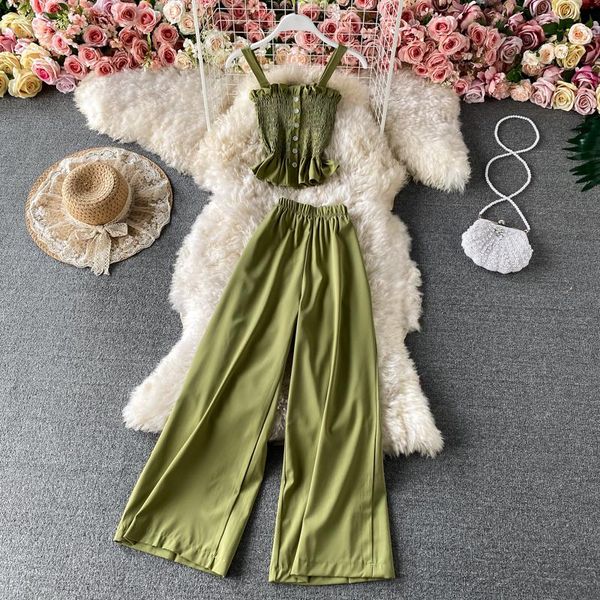 

high waist drape loose and thin casual wide-leg pants two-piece suit summer short lotus leaf swing suspender 460 women's two piece, White