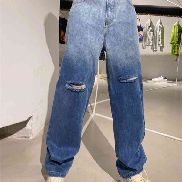 

women's jeans zipper button pocket gradient color knee holes high-waist straight casual ladies long spring autumn p4ku, Blue
