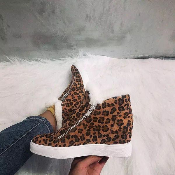 

boots autumn winter women leopard ankle height increasing ladies shoes round toe platform zipper female short, Black