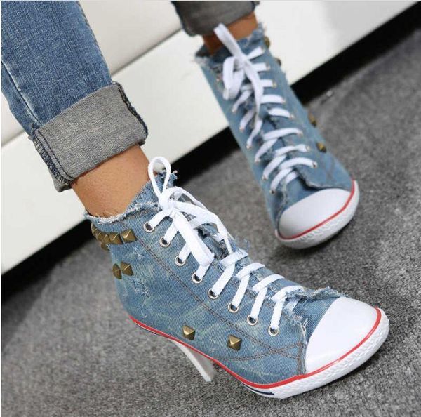 

women's shoes fashion casual canvas solid color camouflage high-lace-up rivet high-heeled cool single km006 dress, Black