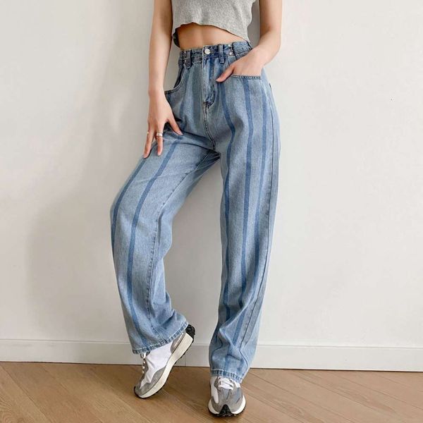 

9590-21 version high waist leg showing long pocket stripe tube pants women's, Blue