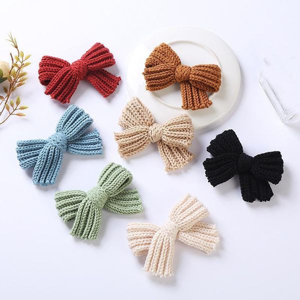 

hair accessories 2 pcs, crochet bows clips or nylon headbands kids girls wool knitted bow clips, baby, Slivery;white