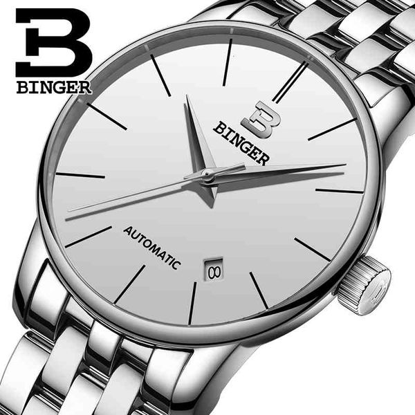 

men's luxury switzerland binger mark watch automatic self-wind waterproof stainless steel mechanical fashion tours, Slivery;brown