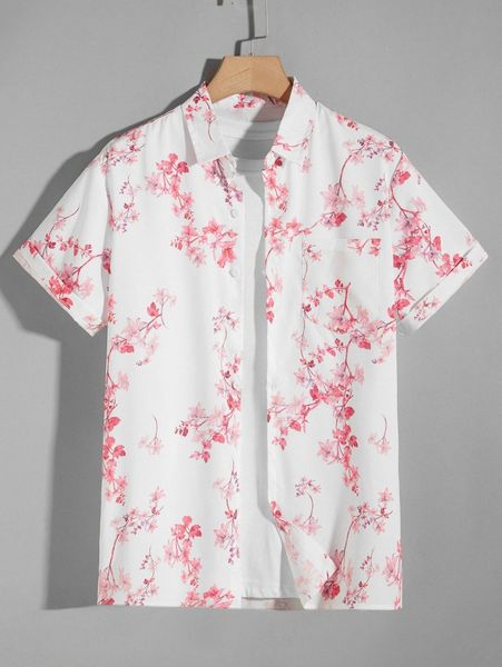 

men button front floral print shirt d28f#, White;black