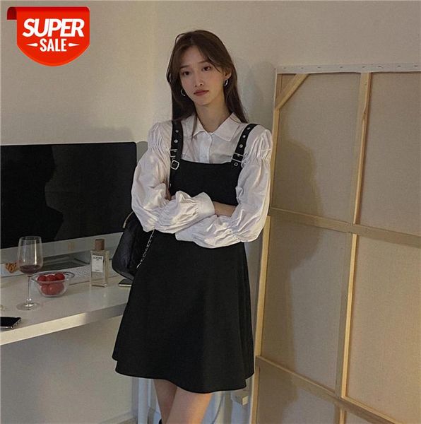 

black and white matching female retro palace lantern sleeve shirt suspender skirt two-piece age reduction dress #fv29