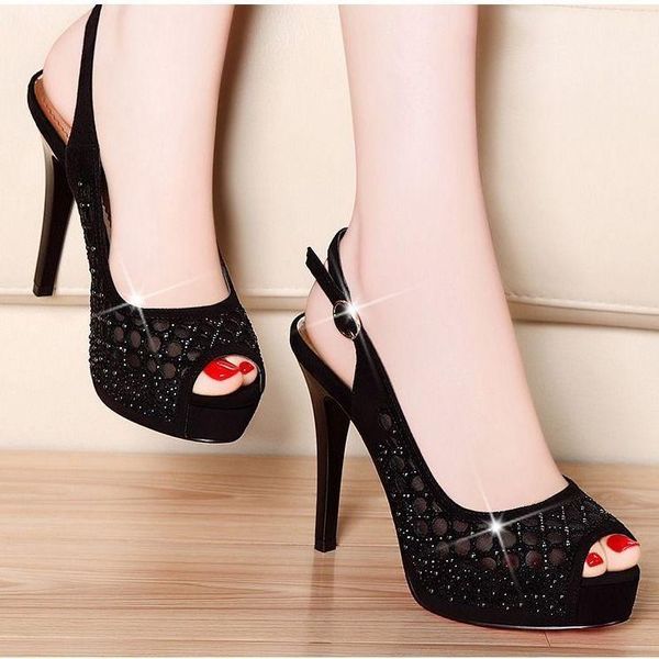 

dress shoes high heeled sandals women's summer 2021 thin platform diamond hollow fish mouth super women, Black