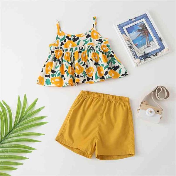 Sommer Kinder Sets Casual Strap Print Floral Tops Gelb Solide Shorts 2 stücke Mädchen Jungen Kleidung Set 0-2T 210629