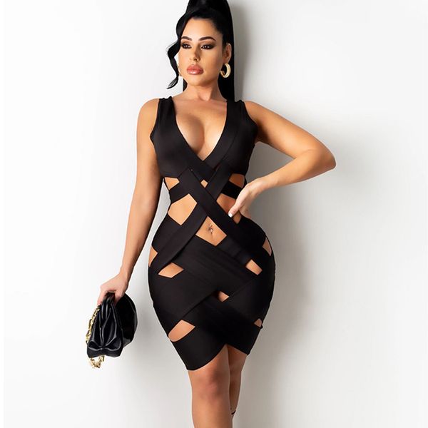 Aushöhlen V-ausschnitt Sexy Kleid Frauen Neue Sommer Weben Ärmellose Backless Verband Kleider Weibliche Party Clubwear Bodycon Mini Kleid 210412