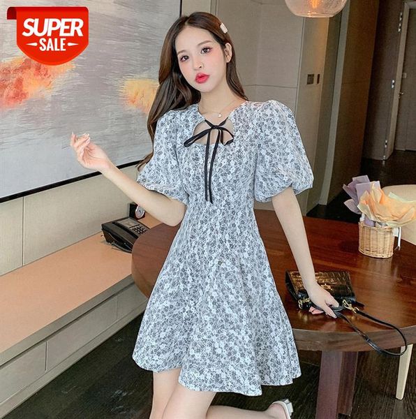 

net red french lace floral dress women's mid-waist lantern sleeves ladies swinging waist a-line short skirt #af2l, Black;gray