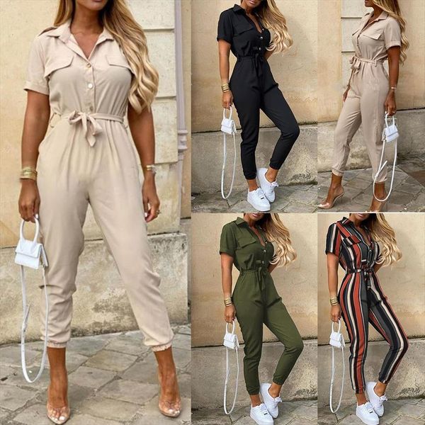 

office short sleeve v neck women romper stripes print button belt one piece jumpsuit perfect gifts for, Black;white