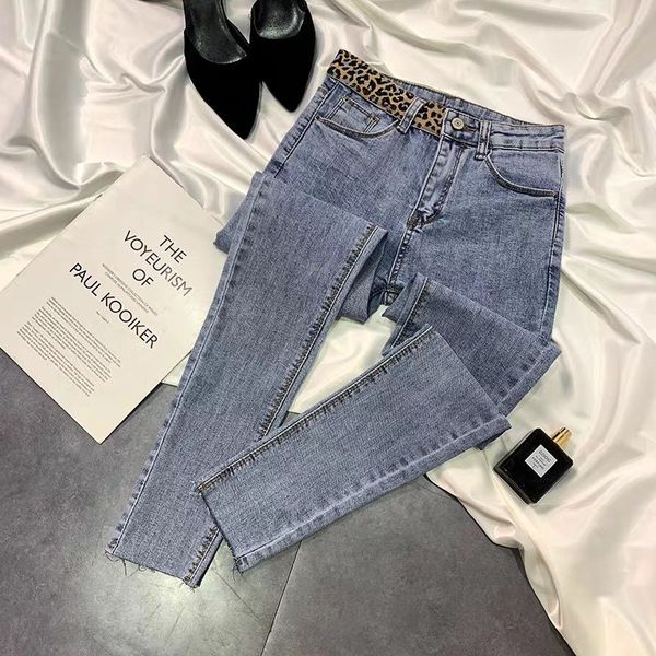 

kog915 light blue new grey twill jeans since nine points show waist tight foot trousers female ins web celebrity leopard