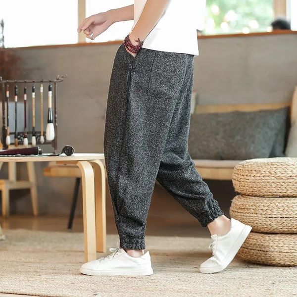 

men's pants chinese style clothing casual plus size cotton linen lantern trousers streetwear spring summer harem pantalones 5xl, Black