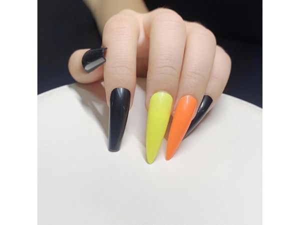 

blue box full sticker wear long ballet fake nails nail piece solid color coffinnailt type false, Red;gold