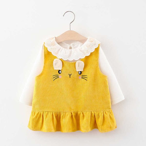 

bear leader cartoon rabbit pattern cute dress kids girls casual dresses long sleeve suspender outfits princess costume cute suit 210708, Red;yellow