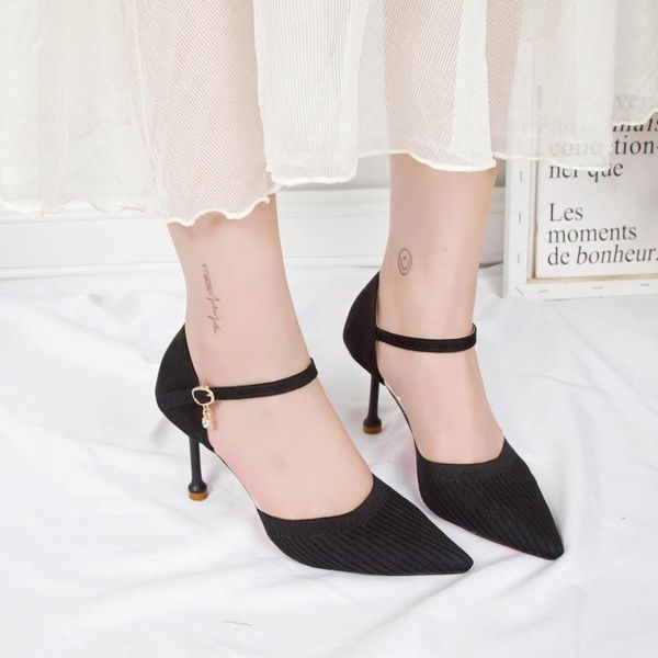 

dress shoes black beige breathable knit high heels women pointed toe sandals summer stretch fabric two piece buckle pumps 2021