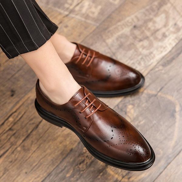 

leather shoes men brogue business formal lace-up versatile zapatos de hombre chaussure homme luxe sapato social dress sheos, Black