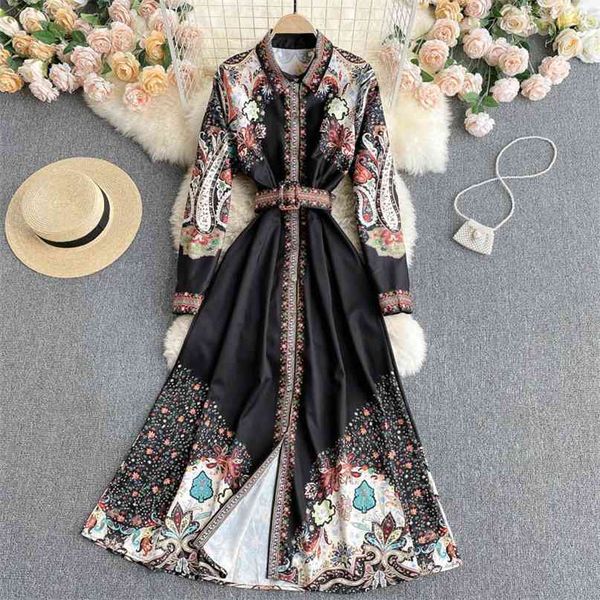 

fashion women lapel long-sleeved print single breasted a-line dress elegant vintage clothes vestido de mujer s215 210527, Black;gray