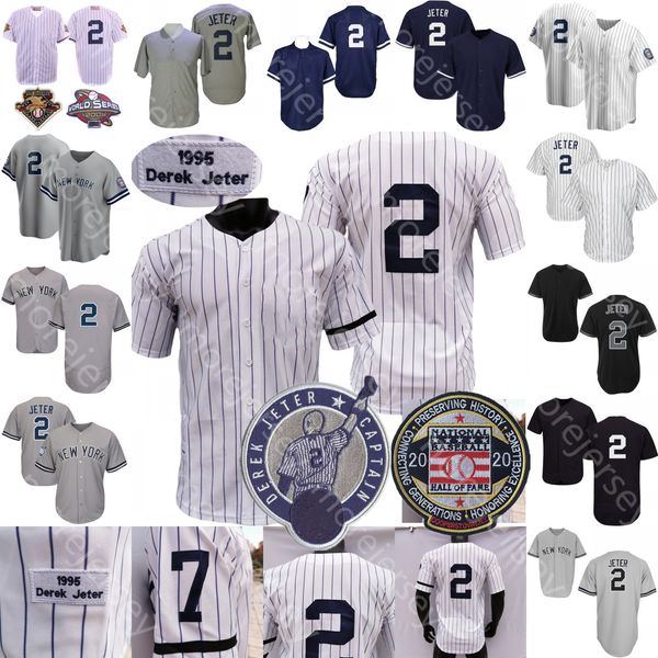 

2 derek jeter jersey vintage 2020 hall of fame patch baseball 1995 coopers-town home away white pinstripe grey all sttiched men size m-3xl, Blue;black