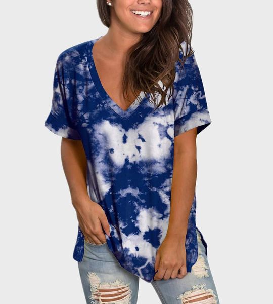 

tie dye summer womens v neck tee casual short sleeve clothes loose plus size, White