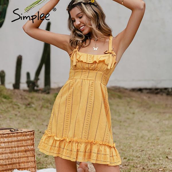 

simplee solid hollow out slip dress for women casual ruffle bowknot a-line short dresses summer holiday yellow sleeveless, Black;gray