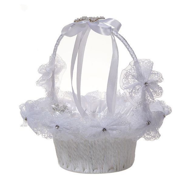 Artigianato bianco perla strass grande fiocco cesto di fiori forniture per matrimoni cesto per ragazza di fiori cesto di fiori portatile per sposa