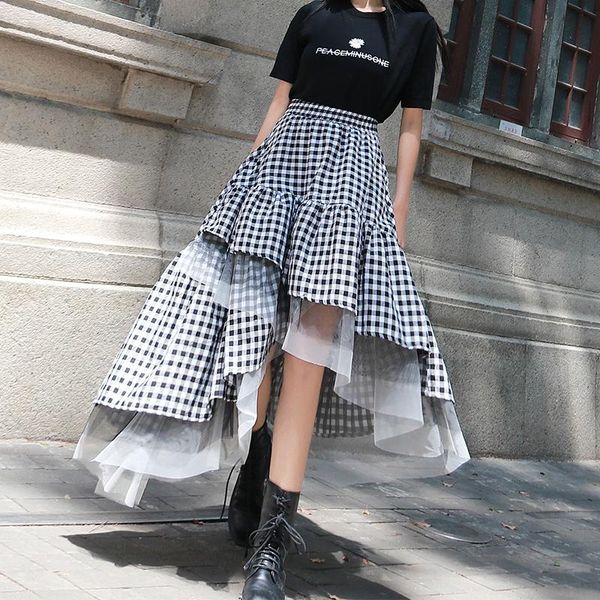 

women's black and white plaid patchwork mesh skirt medium long irregular gauze dishevelled yj469 skirts