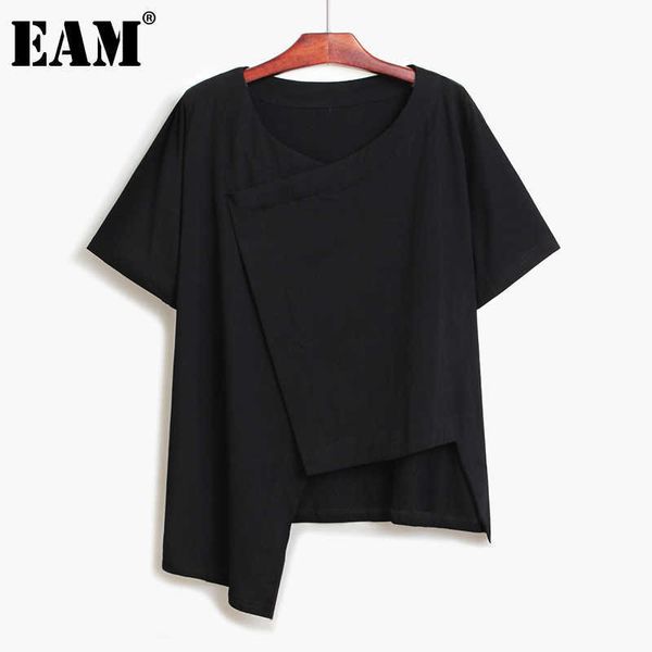 [EAM] Donne Nero Big Size Casual Irregular T-shirt trasversale con scollo a V Moda manica corta Moda Tide Molla Estate 2021 1D8193 Y0621