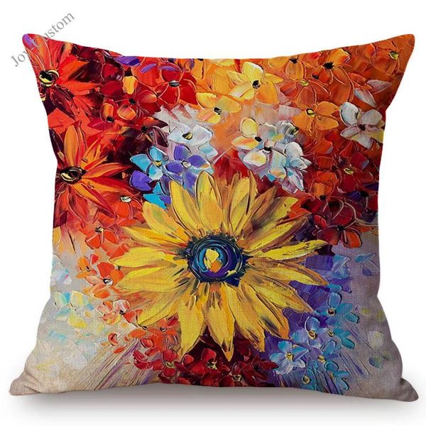 

cushion/decorative pillow sunflower oil painting hydrangea summer lily wild flowers decoration throw case linen sofa cushion cover