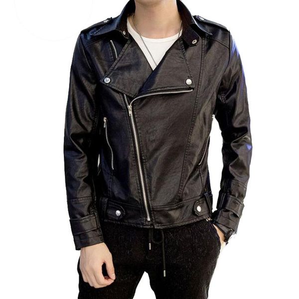 

men's fur & faux brand motorcycle leather jackets for men fashion autumn pu jacket long sleeve plus size turn down collar male coats, Black