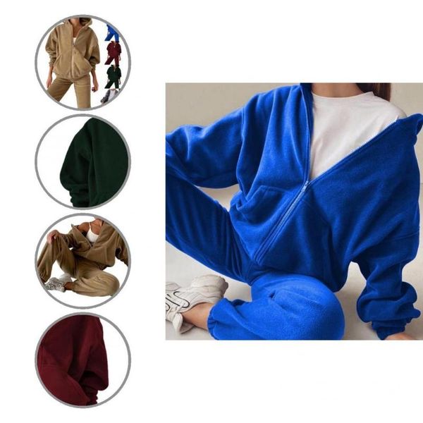 

women's two piece pants sporty autumn winter warm windproof pure color for daily wear sport outfit sweatshirt sweatpants set, White