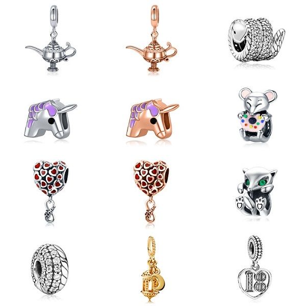 

fits pandora bracelets 20pc snake unicorn teapot fox love heart rose crystal charms beads silver charms bead for women diy european necklace, Black