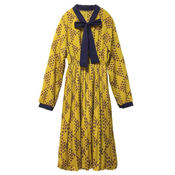 Damen-Chiffon-Kleid, gelber Schleifenkragen, gepunktet, lange Ärmel, Empire-Knopf, plissiert, A-Linie, Midi-Frühling, D2347 210514