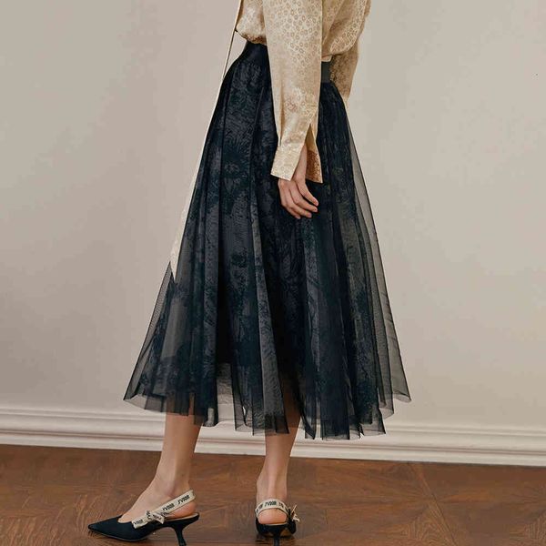 

blazers women flora ink painting mesh 2021 runway high waist 3 layered harajuku quality midi skirt, Black