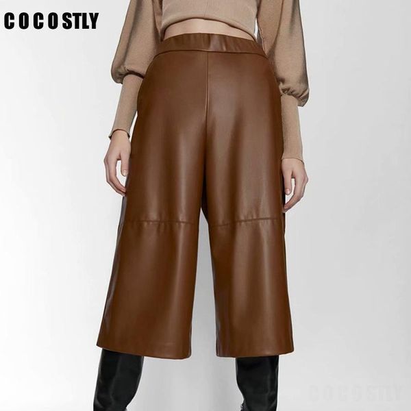 

women's pants & capris casual solid pu leather women fashion elastic waist trousers elegant wide leg female ladies, Black;white