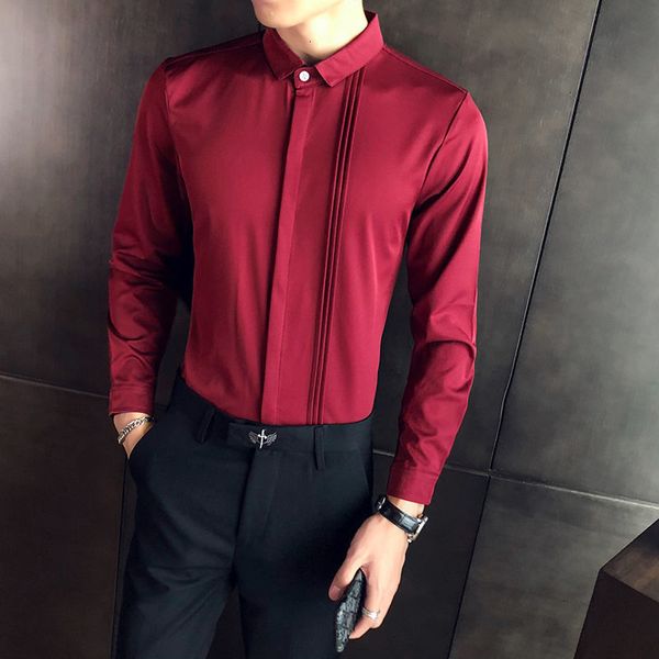

men's casual shirts autumn solid color long sleeve stand collar loose base shirt black camisa social masculina red u7o2, White;black