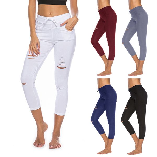 

women's pants & capris ny pant capri women holes pencil sweapant summer female high waist casual trouser stretch ripped jean plussize, Black;white