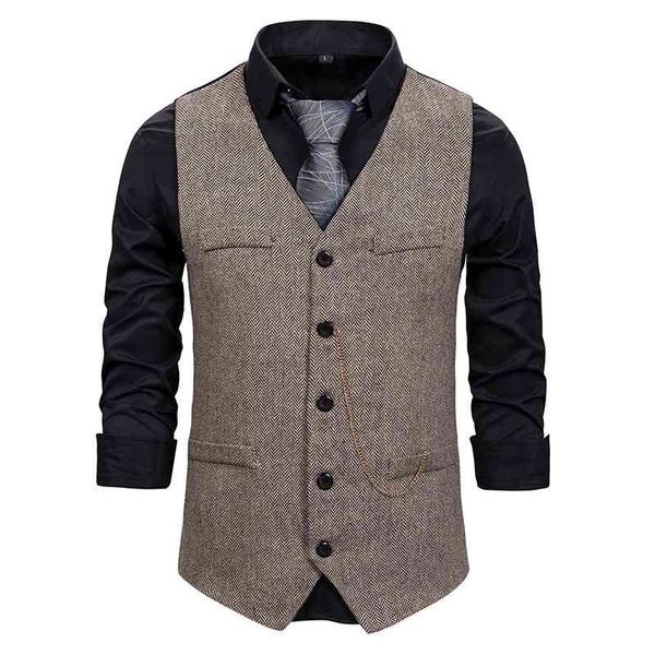 Herren 4 Taschen Herringbone Tweed Kleid Weste Mode Kette Dekoration Weste Männer Vintage Gentleman Britische Anzug Weste Gilet 210522