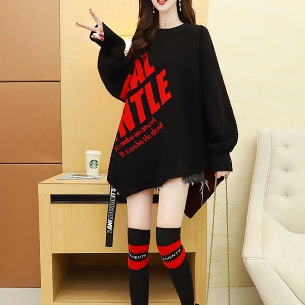 

#6392 black green pink streetwear asymmetrical sweater women letters casual loose knitted long ladies lantern sleeve women's sweaters, White;black