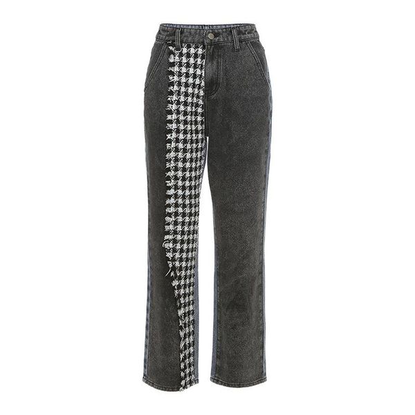 

spring and summer women's loose high waist fashion contrast stitching denim straight leg pants women jeans, Blue